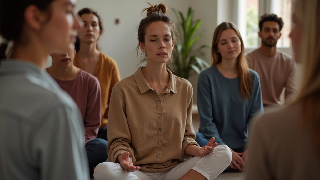 Professionele trainingsomgeving met groep deelnemers in meditatieve oefening voor emotioneel bewustzijn