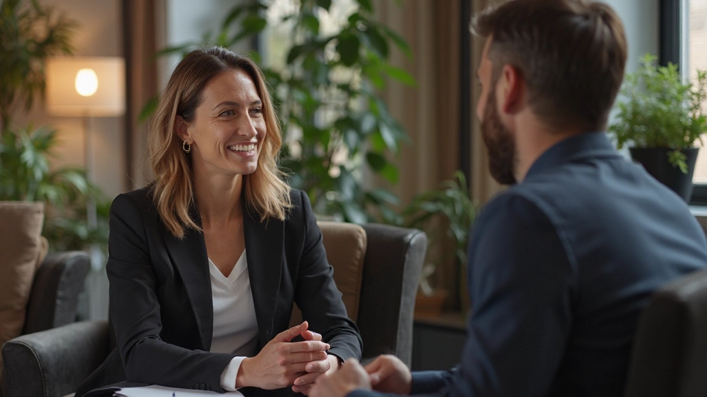 Coach die met geduld en aandacht naar een cliënt luistert in een therapeutische setting