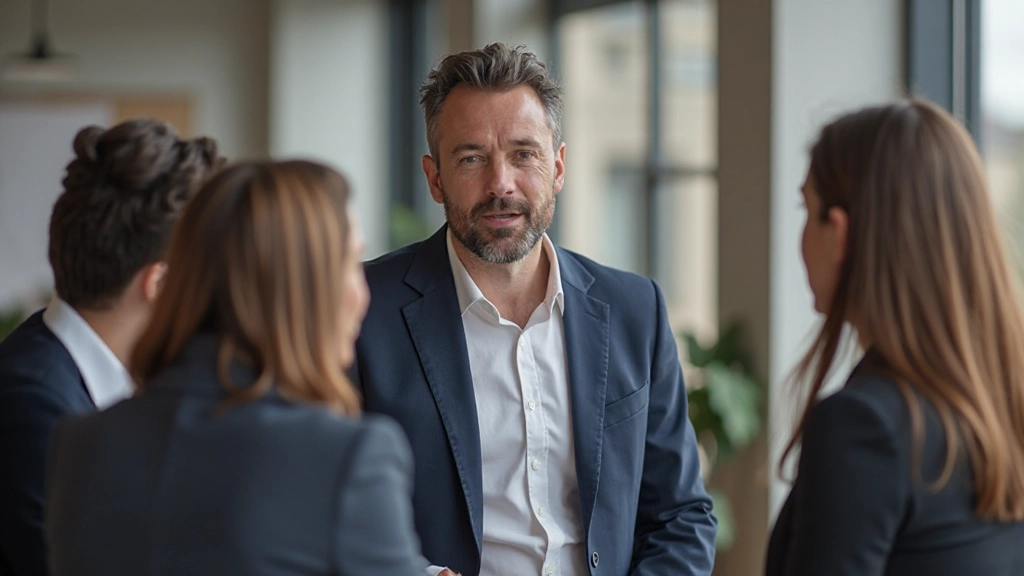 Professionele foto van een leider in gesprek met teamleden in een modern kantoor