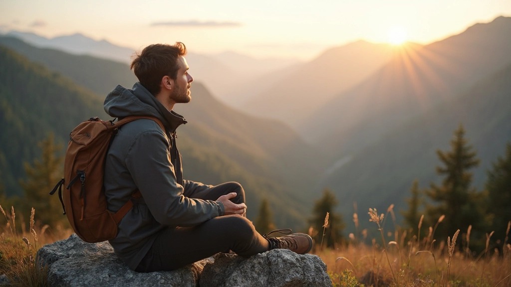 Persoon zit op berg kijkend naar horizon, moment van diepe reflectie en zelfontdekking