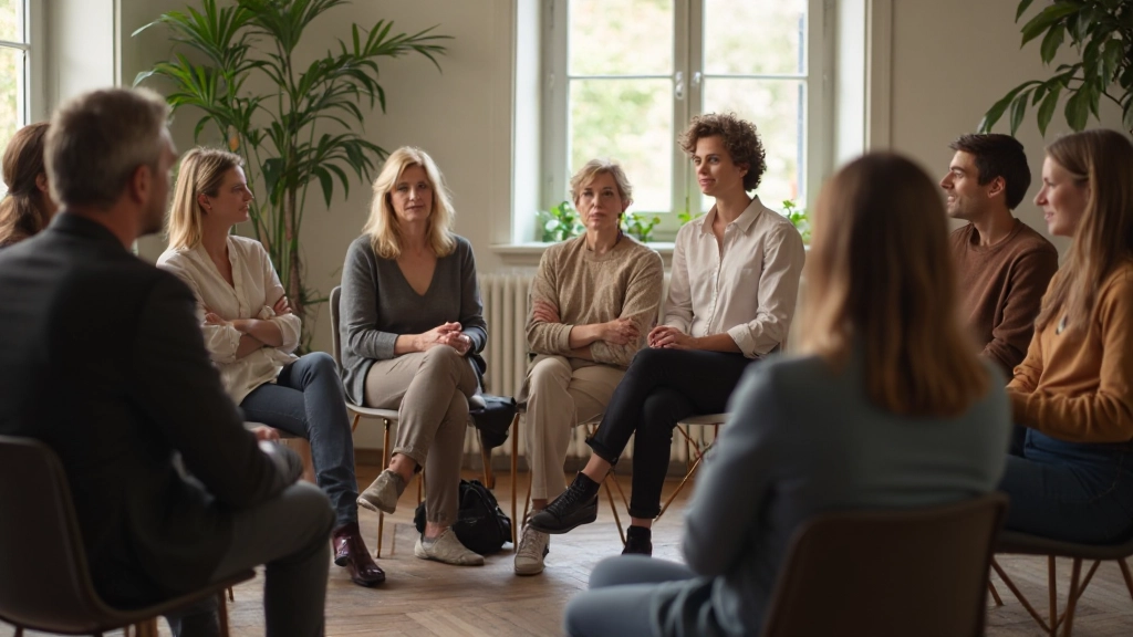 Professionele trainingsomgeving met deelnemers in groepsdiscussie over emotionele bewustzijn