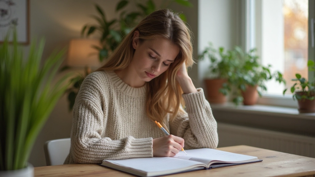 Vrouw die haar emoties opschrijft in een reflectiejournal