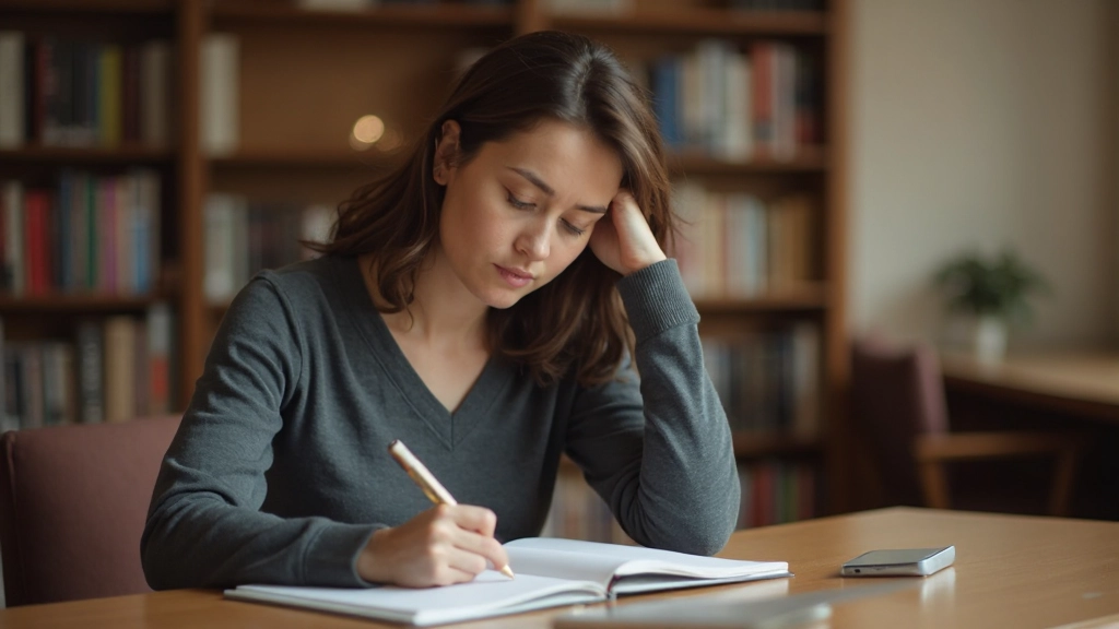 Vrouw voert reflectie uit door dagboekschrijven in rustige bibliotheek omgeving